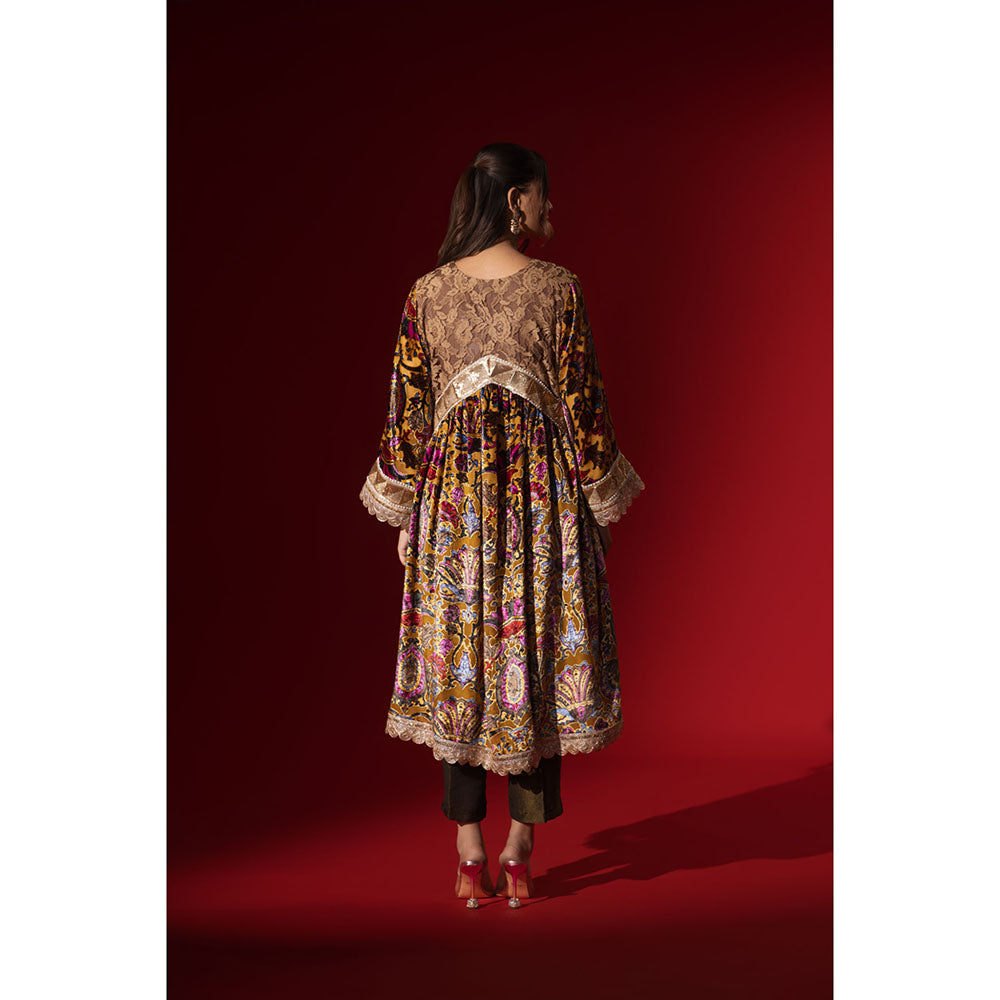 Naseebo Ochre Regal Printed Velvet Anarkali with Pant & Dupatta