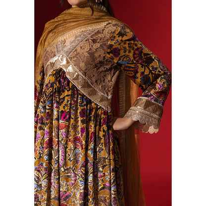 Naseebo Ochre Regal Printed Velvet Anarkali with Pant & Dupatta