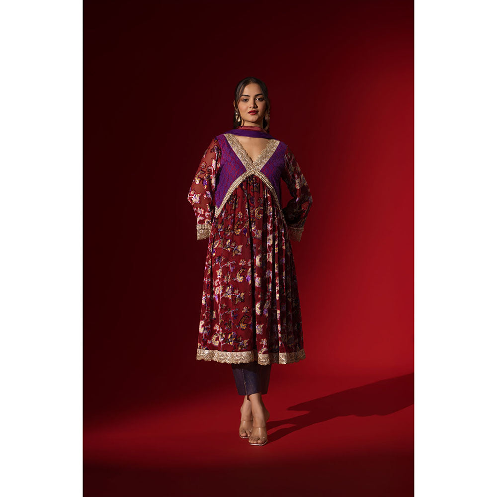Naseebo Maroon Mystic Velvet Anarkali with Pant & Dupatta