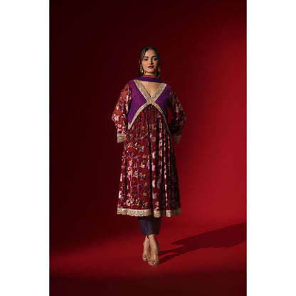 Naseebo Maroon Mystic Velvet Anarkali with Pant & Dupatta