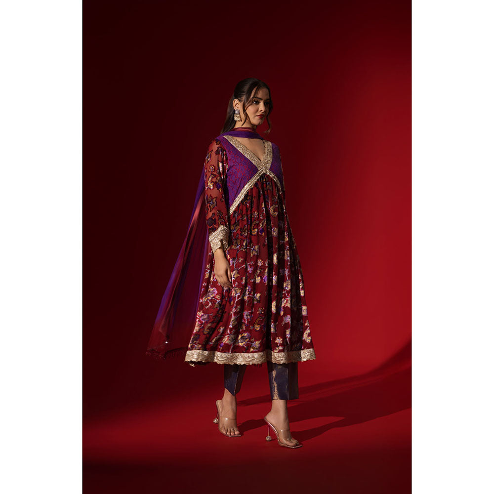 Naseebo Maroon Mystic Velvet Anarkali with Pant & Dupatta