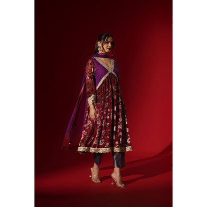 Naseebo Maroon Mystic Velvet Anarkali with Pant & Dupatta