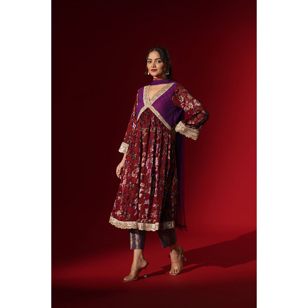Naseebo Maroon Mystic Velvet Anarkali with Pant & Dupatta
