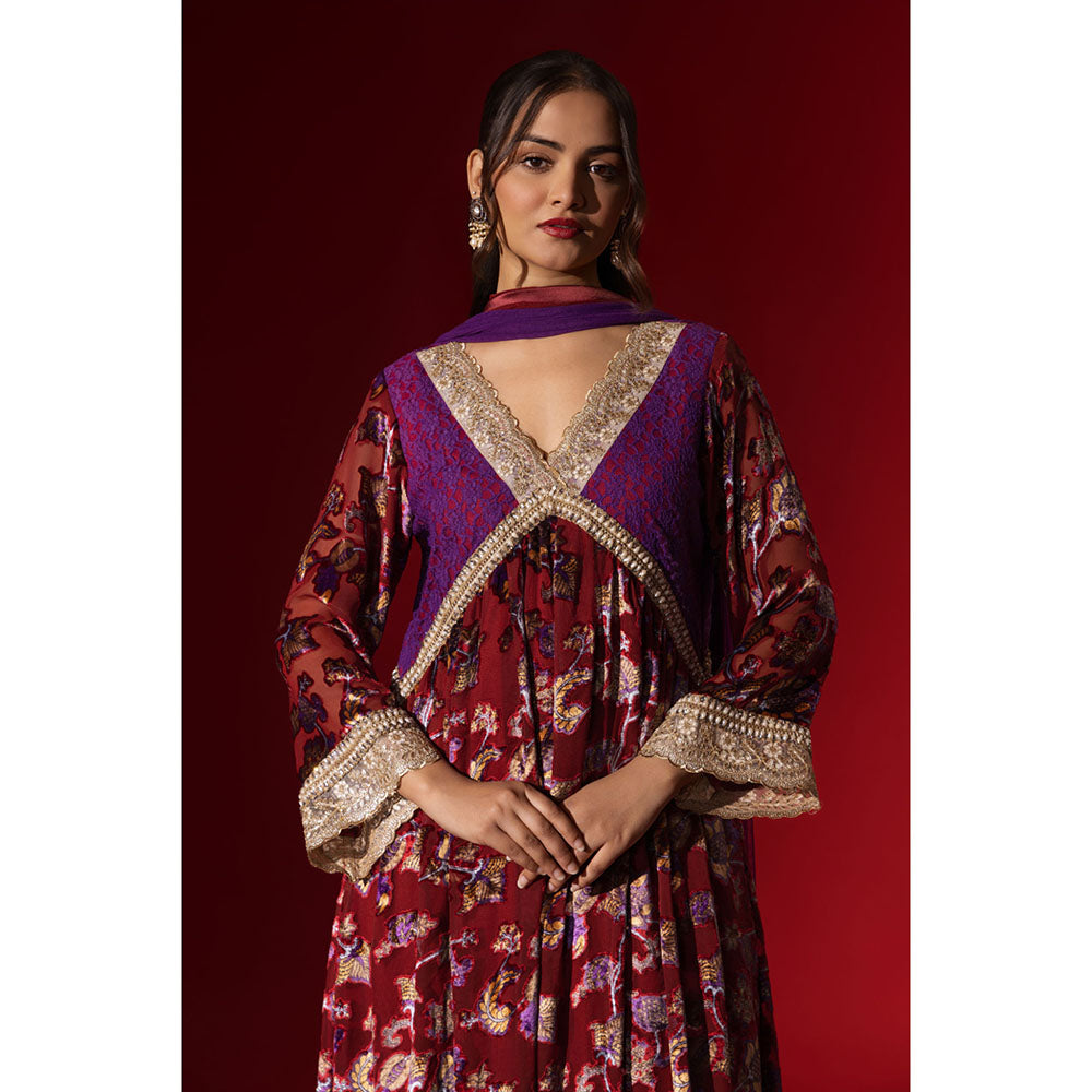 Naseebo Maroon Mystic Velvet Anarkali with Pant & Dupatta