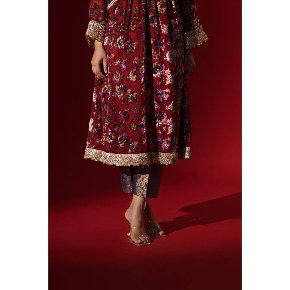 Naseebo Maroon Mystic Velvet Anarkali with Pant & Dupatta