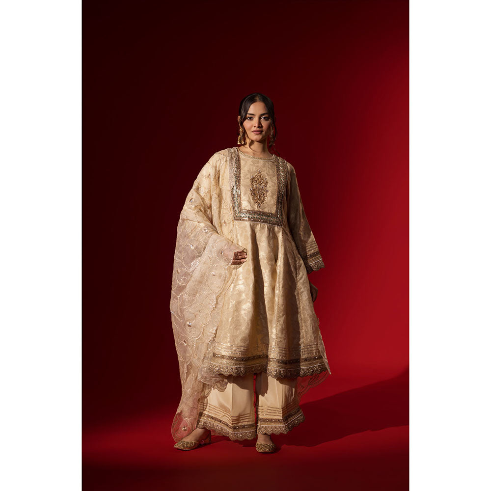 Naseebo Cream Sequin Brocade Kurta with Palazzo & Dupatta