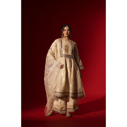 Naseebo Cream Sequin Brocade Kurta with Palazzo & Dupatta