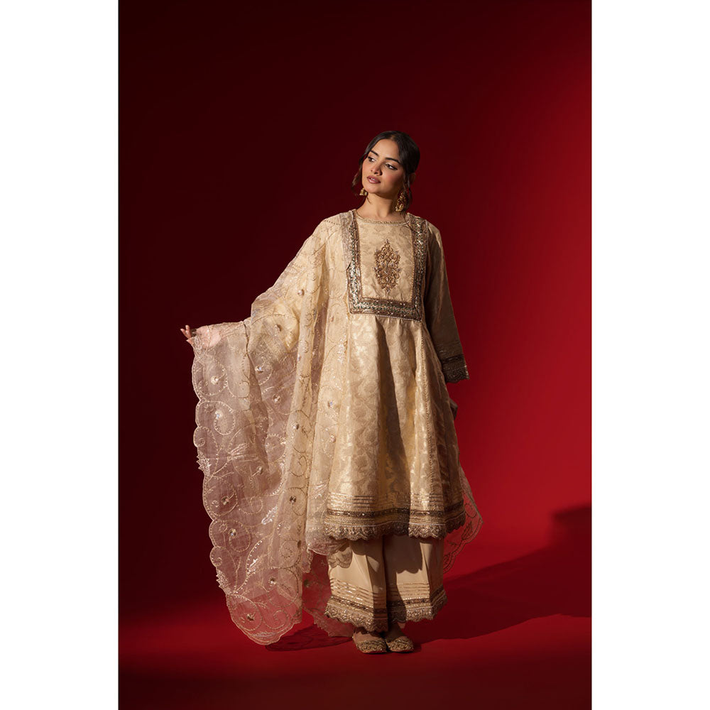 Naseebo Cream Sequin Brocade Kurta with Palazzo & Dupatta