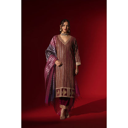 Naseebo Wine Velvet Gota Kurta with Pant & Dupatta