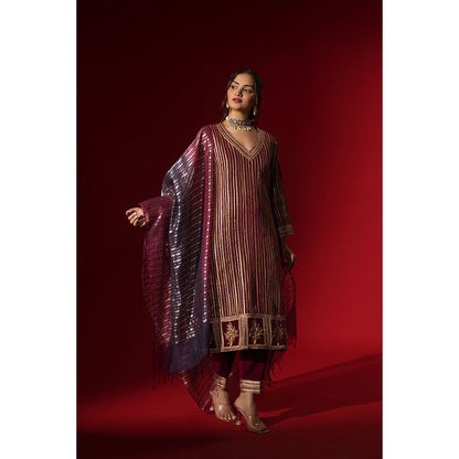 Naseebo Wine Velvet Gota Kurta with Pant & Dupatta