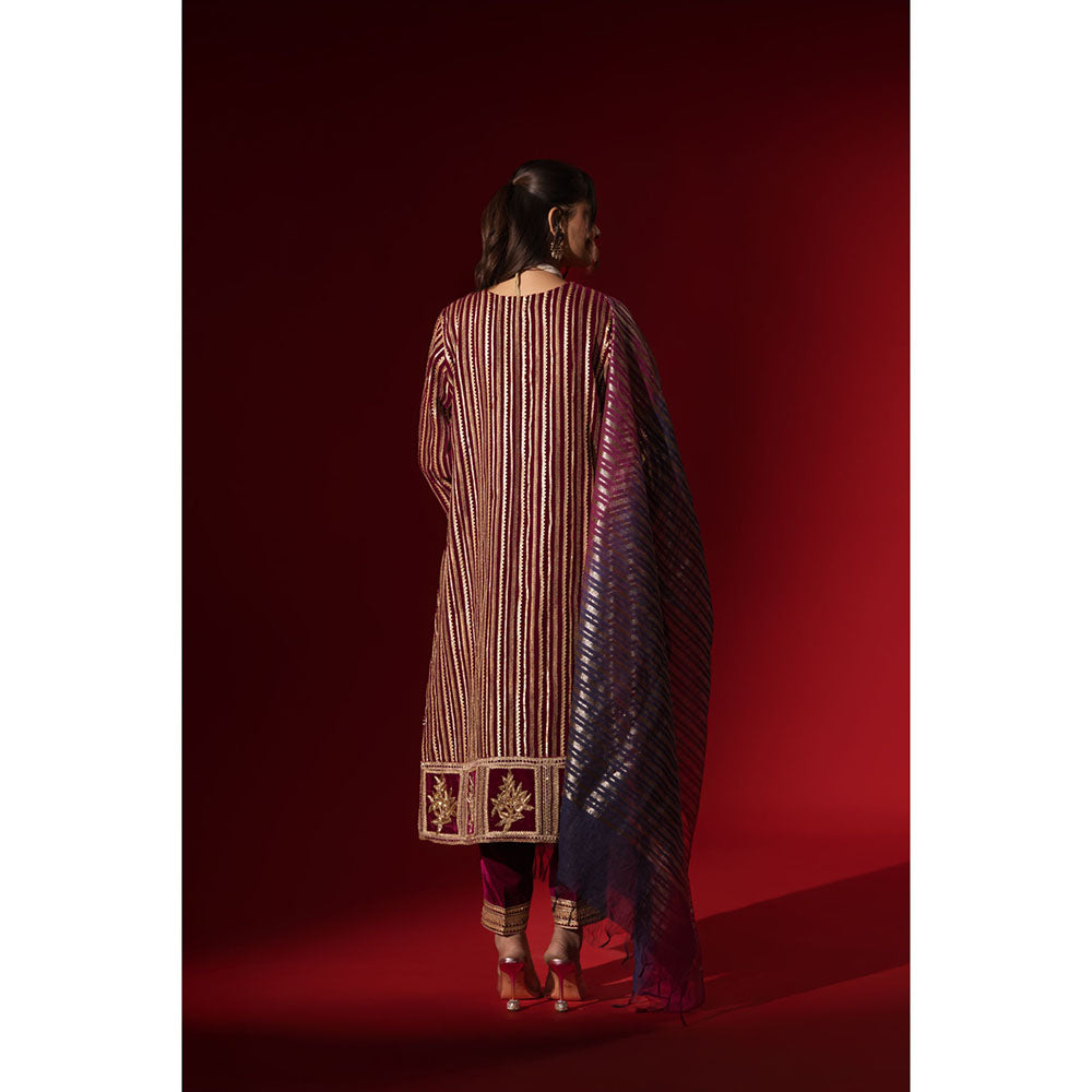 Naseebo Wine Velvet Gota Kurta with Pant & Dupatta