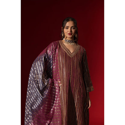 Naseebo Wine Velvet Gota Kurta with Pant & Dupatta