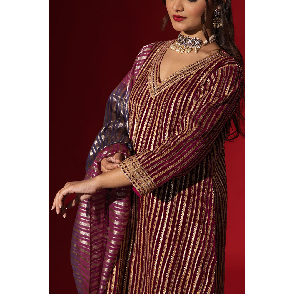 Naseebo Wine Velvet Gota Kurta with Pant & Dupatta