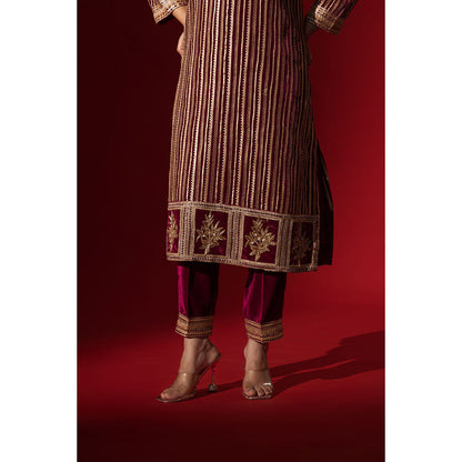 Naseebo Wine Velvet Gota Kurta with Pant & Dupatta