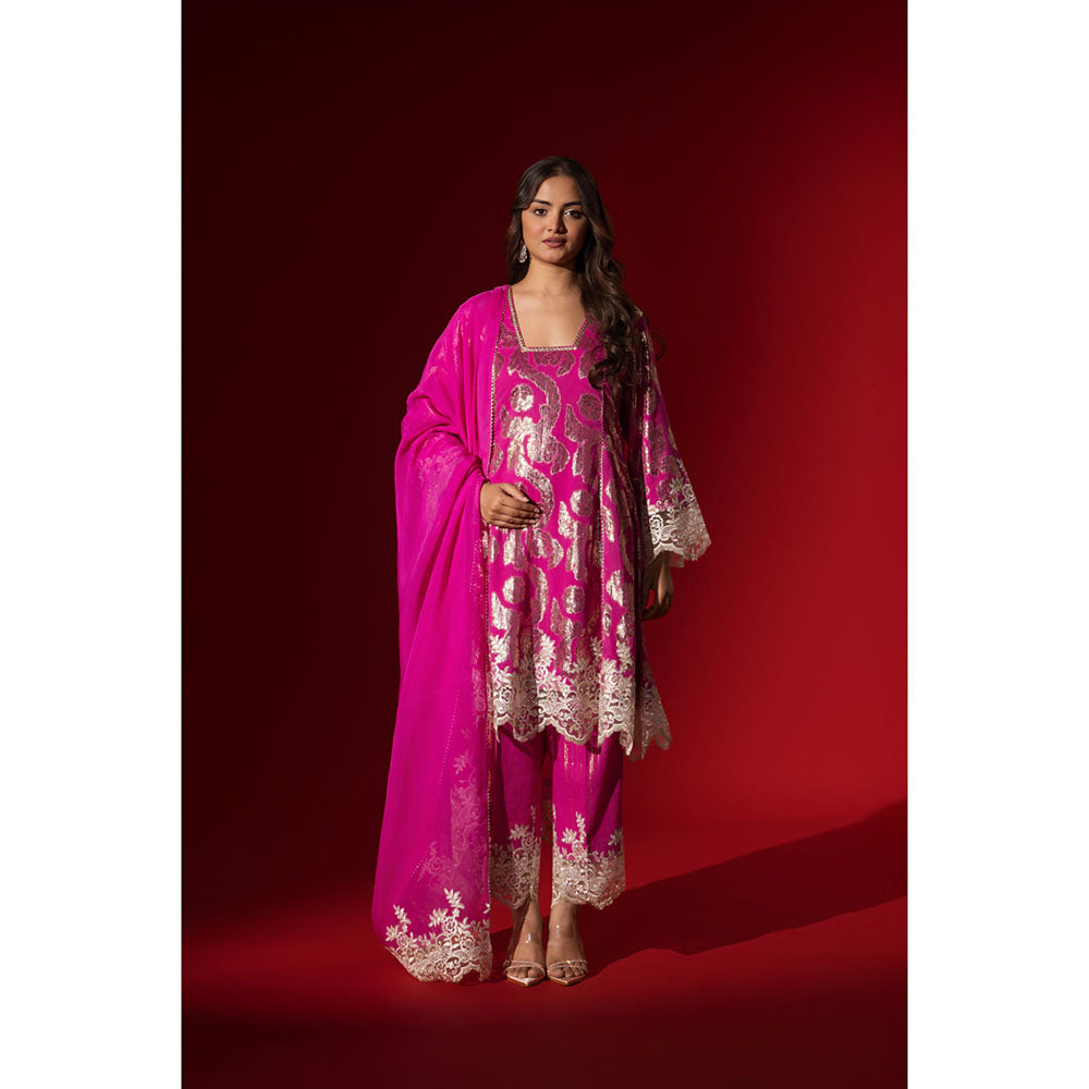 Naseebo Hot Pink Shimmer Kurta with Pant & Dupatta