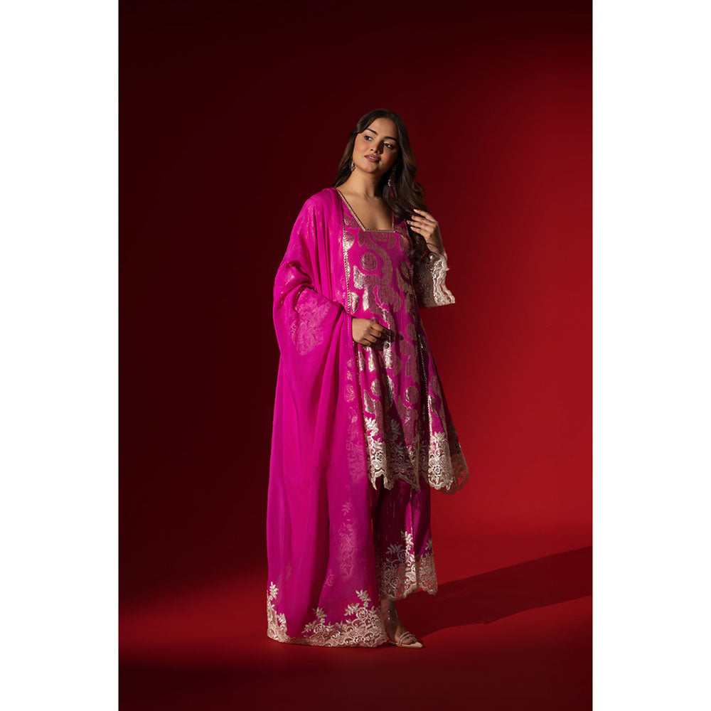 Naseebo Hot Pink Shimmer Kurta with Pant & Dupatta