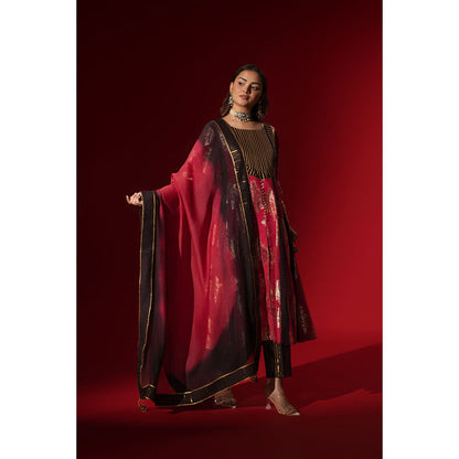 Naseebo Maroon Majesty Shimmer A-Line Kurta with Pant & Dupatta