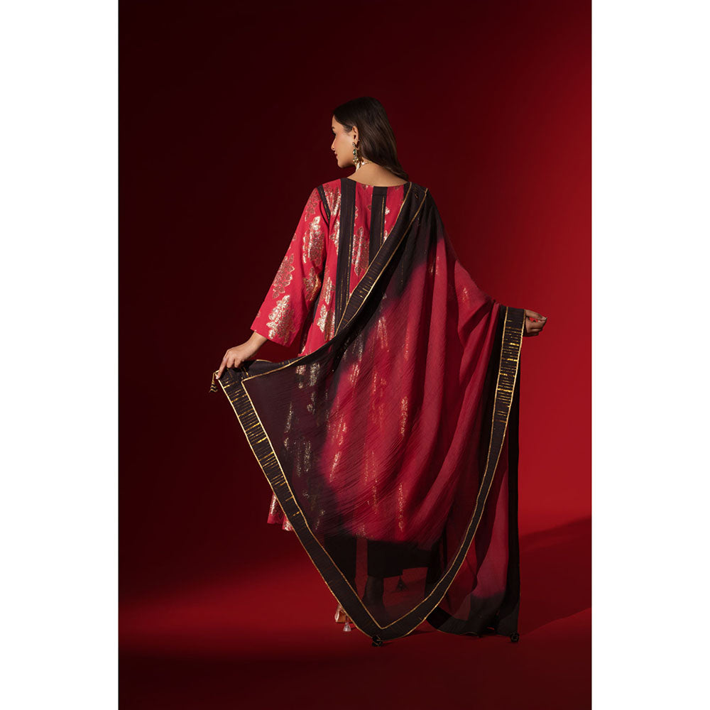 Naseebo Maroon Majesty Shimmer A-Line Kurta with Pant & Dupatta