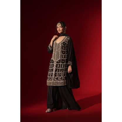 Naseebo Mocha Black Embroidery Kurta with Palazzo & Dupatta