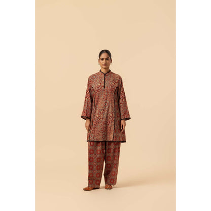 Naseebo Maroon Mandala Ajrakh Printed Farshi Coord Set