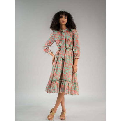 Natalia Livingston Green Dahlia Turquoise Midi Dress with Belt