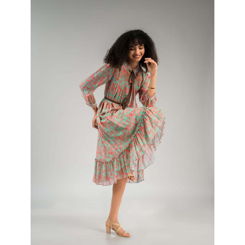 Natalia Livingston Green Dahlia Turquoise Midi Dress with Belt