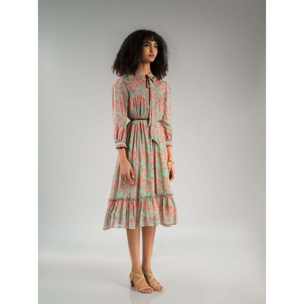 Natalia Livingston Green Dahlia Turquoise Midi Dress with Belt