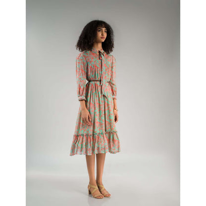 Natalia Livingston Green Dahlia Turquoise Midi Dress with Belt