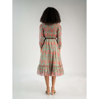 Natalia Livingston Green Dahlia Turquoise Midi Dress with Belt