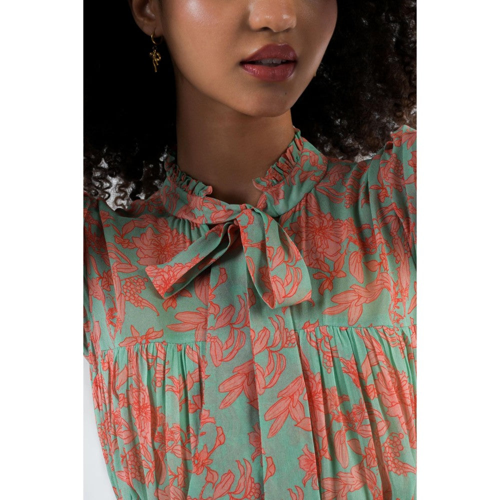 Natalia Livingston Green Dahlia Turquoise Midi Dress with Belt