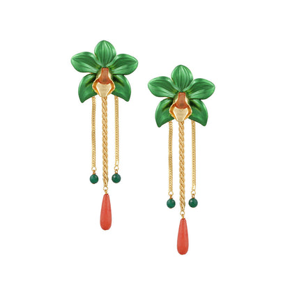 Valliyan Green Dangling Orchid Earring
