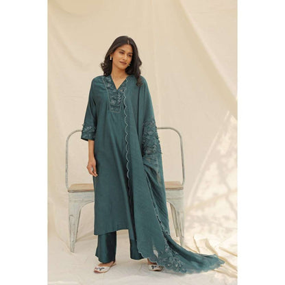 Neelu Sethi Teal Embroidered Kurta and Pant with Dupatta (Set of 3)