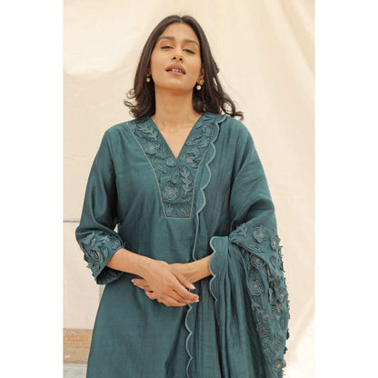 Neelu Sethi Teal Embroidered Kurta and Pant with Dupatta (Set of 3)