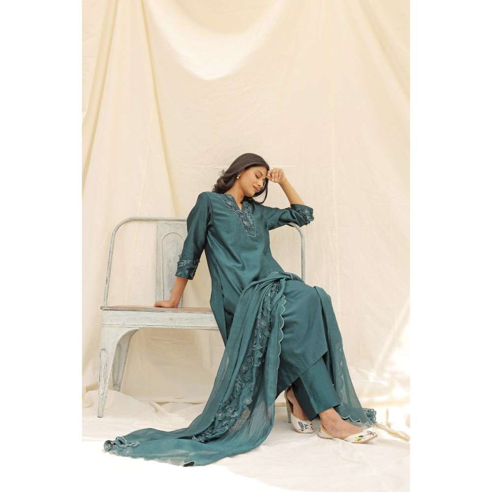 Neelu Sethi Teal Embroidered Kurta and Pant with Dupatta (Set of 3)