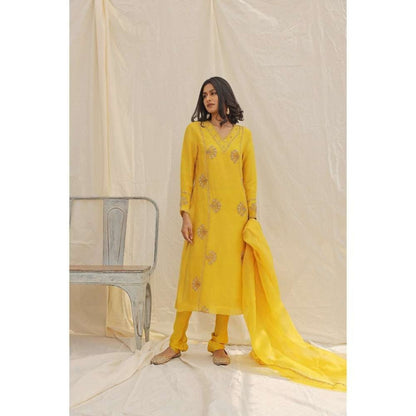 Neelu Sethi Yellow Hand Embroidered Kurta and Churidar with Dupatta (Set of 3)