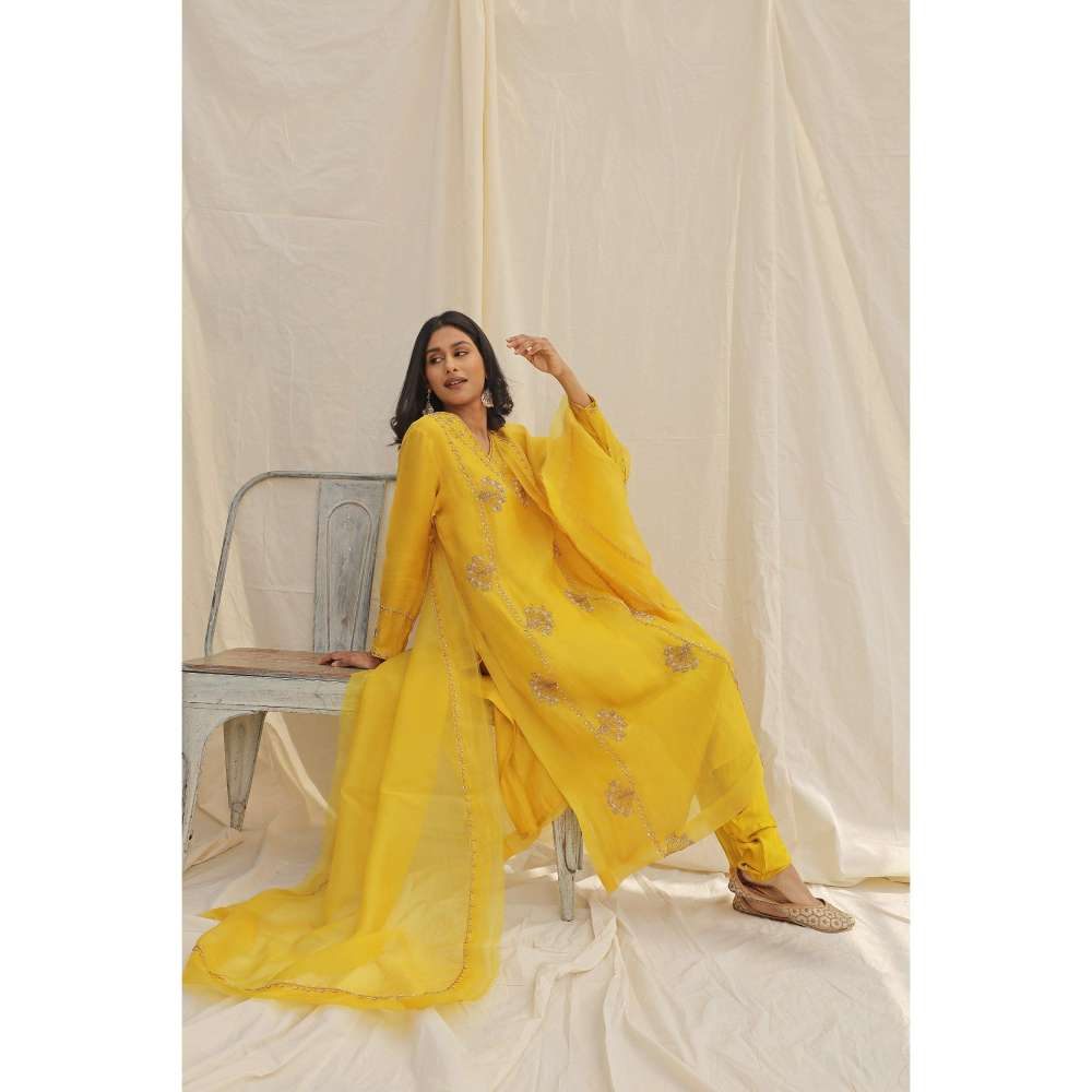 Neelu Sethi Yellow Hand Embroidered Kurta and Churidar with Dupatta (Set of 3)
