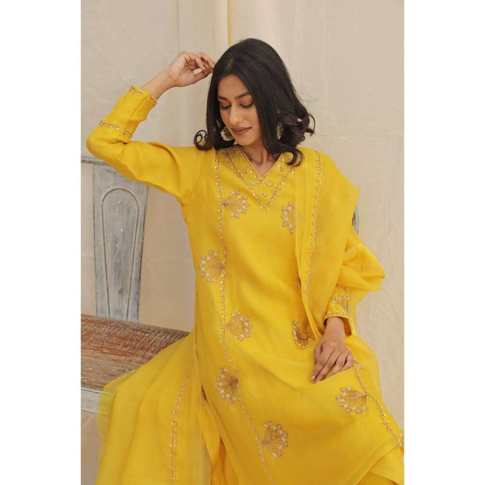 Neelu Sethi Yellow Hand Embroidered Kurta and Churidar with Dupatta (Set of 3)