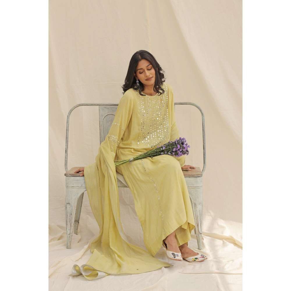 Neelu Sethi Lime Green Mirror Work Kurta With Pant and Dupatta (Set of 3)