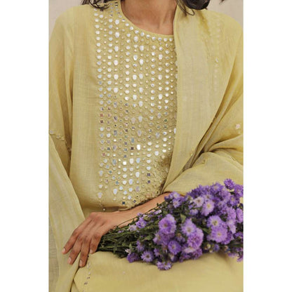 Neelu Sethi Lime Green Mirror Work Kurta With Pant and Dupatta (Set of 3)
