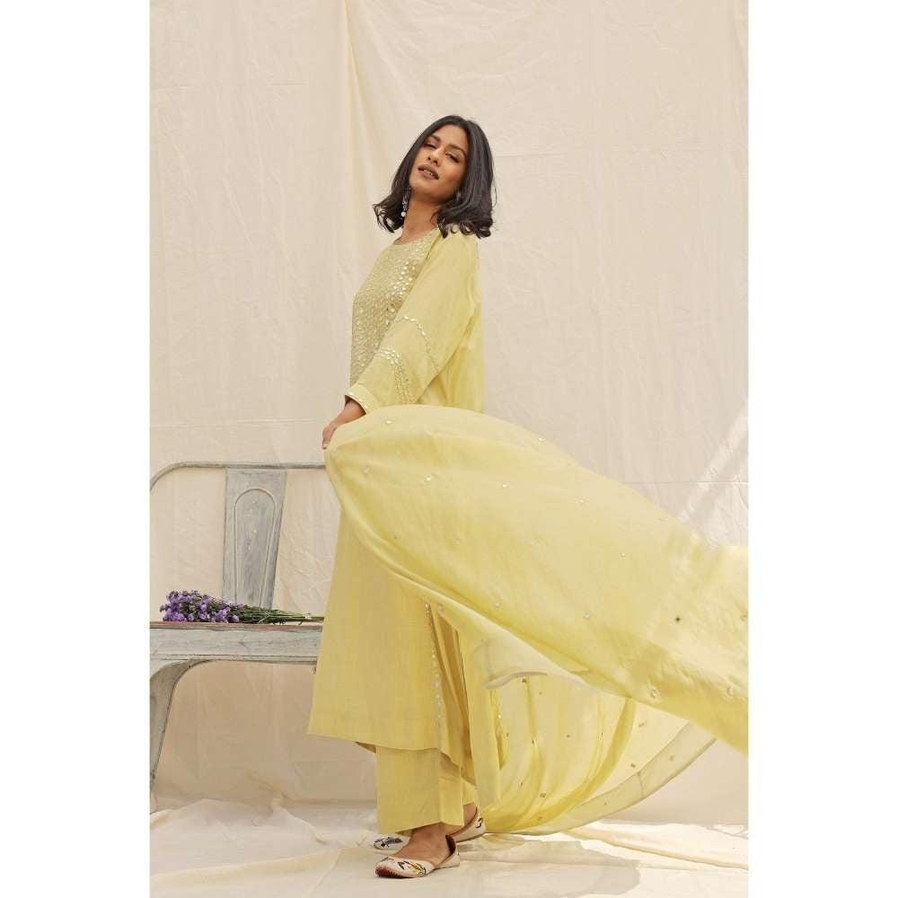 Neelu Sethi Lime Green Mirror Work Kurta With Pant and Dupatta (Set of 3)