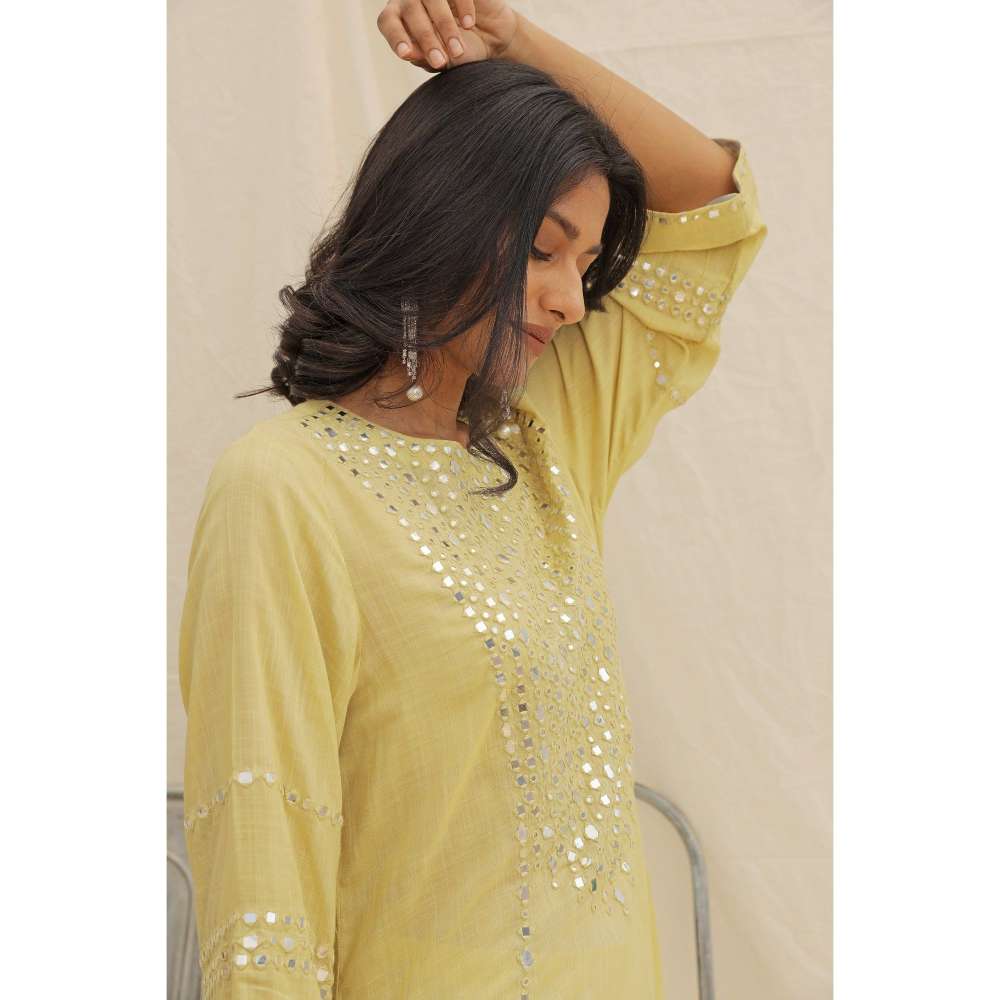 Neelu Sethi Lime Green Mirror Work Kurta With Pant and Dupatta (Set of 3)