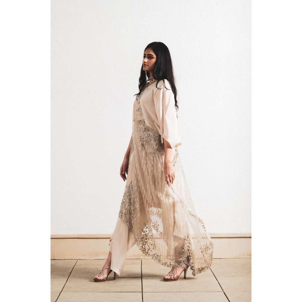 Neelu Sethi Beige Embroidered Saree and Kaftan Style with Stitched Blouse