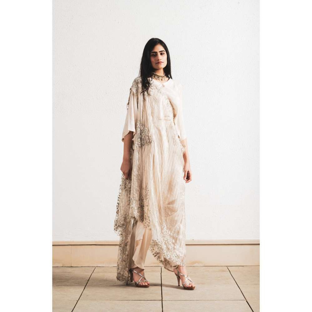 Neelu Sethi Beige Embroidered Saree and Kaftan Style with Stitched Blouse