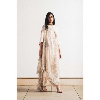 Neelu Sethi Beige Embroidered Saree and Kaftan Style with Stitched Blouse