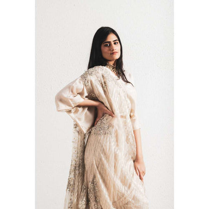 Neelu Sethi Beige Embroidered Saree and Kaftan Style with Stitched Blouse