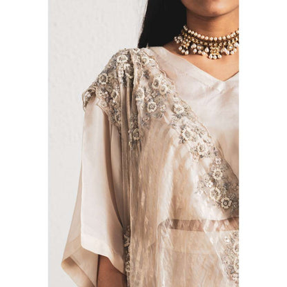 Neelu Sethi Beige Embroidered Saree and Kaftan Style with Stitched Blouse