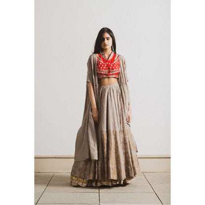 Neelu Sethi Block Print Lehenga and Cape With Silk Hand Embroidered Blouse (Set of 3)