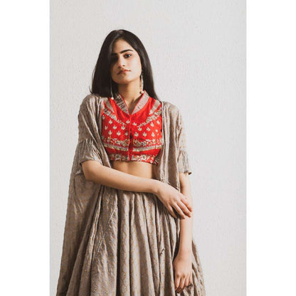 Neelu Sethi Block Print Lehenga and Cape With Silk Hand Embroidered Blouse (Set of 3)