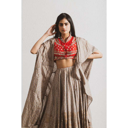 Neelu Sethi Block Print Lehenga and Cape With Silk Hand Embroidered Blouse (Set of 3)