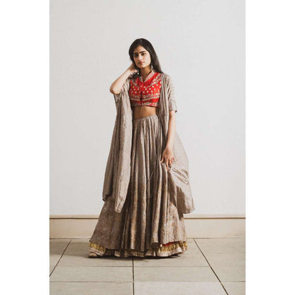 Neelu Sethi Block Print Lehenga and Cape With Silk Hand Embroidered Blouse (Set of 3)